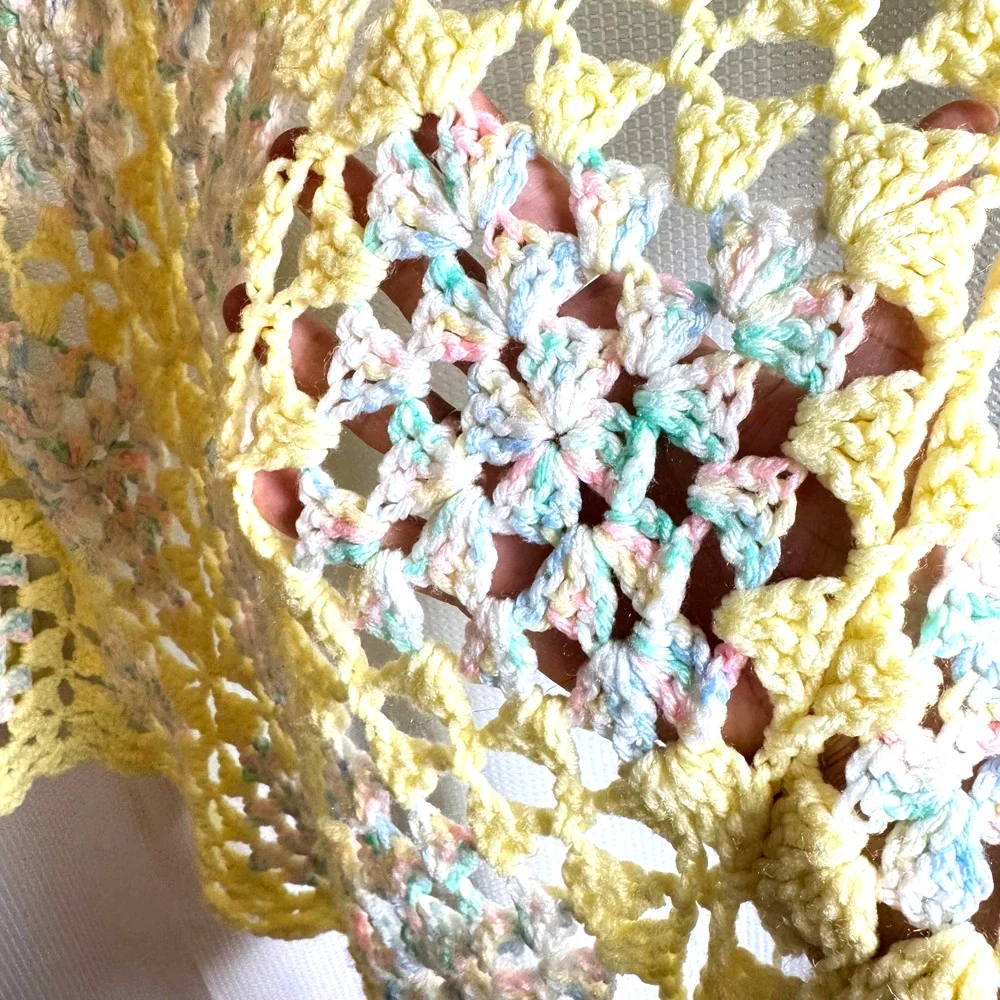 Vintage Handmade Crochet Baby Blanket Granny Square Yellow Pastel Cottagecore